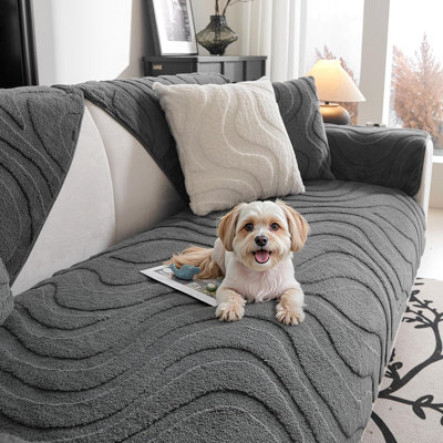 Washable Couch Cover For Dogs - Non-Slip Sectional L-Shaped Sofa Cover For 3-Cushion Couch - Geometric Strip Furniture Protector Slipcover - Dark Grey, 35" X 71", 1 Piece
