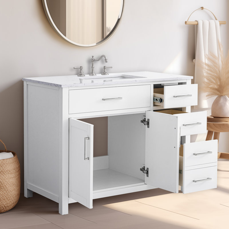Tremolo 42" Single Bathroom Vanity With Engineered Marble Top, White, Polished Nickel