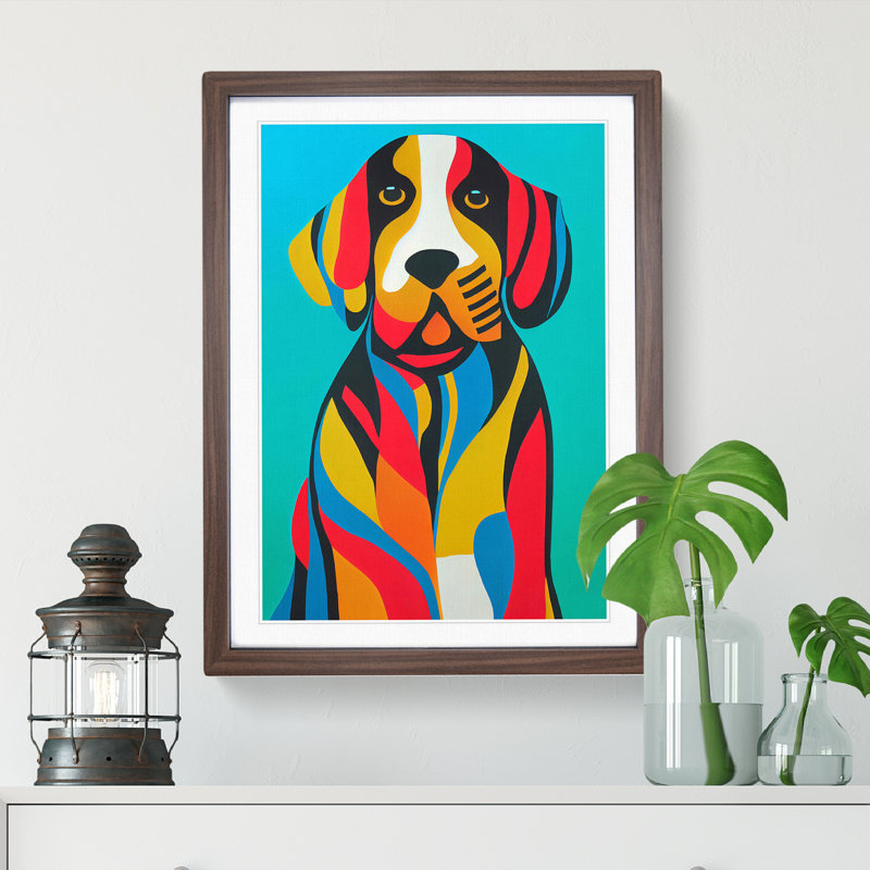 Colourful Dog No.1 Abstract - Single Picture Frame Painting, 34cm H x 25cm W x 2cm D, Walnut
