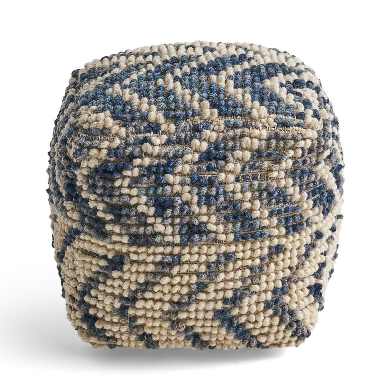 Pouf en laine et coton Alina, naturel et bleu