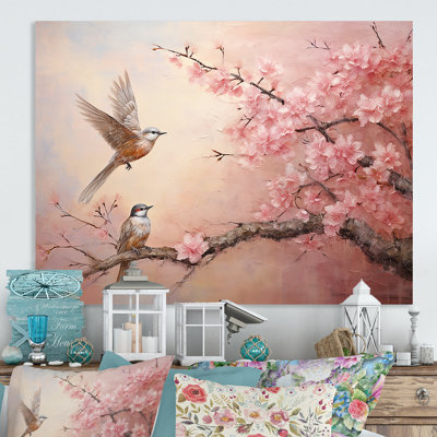 Golden And Pink Birds On Floral Tree II - Bird Metal Wall Art