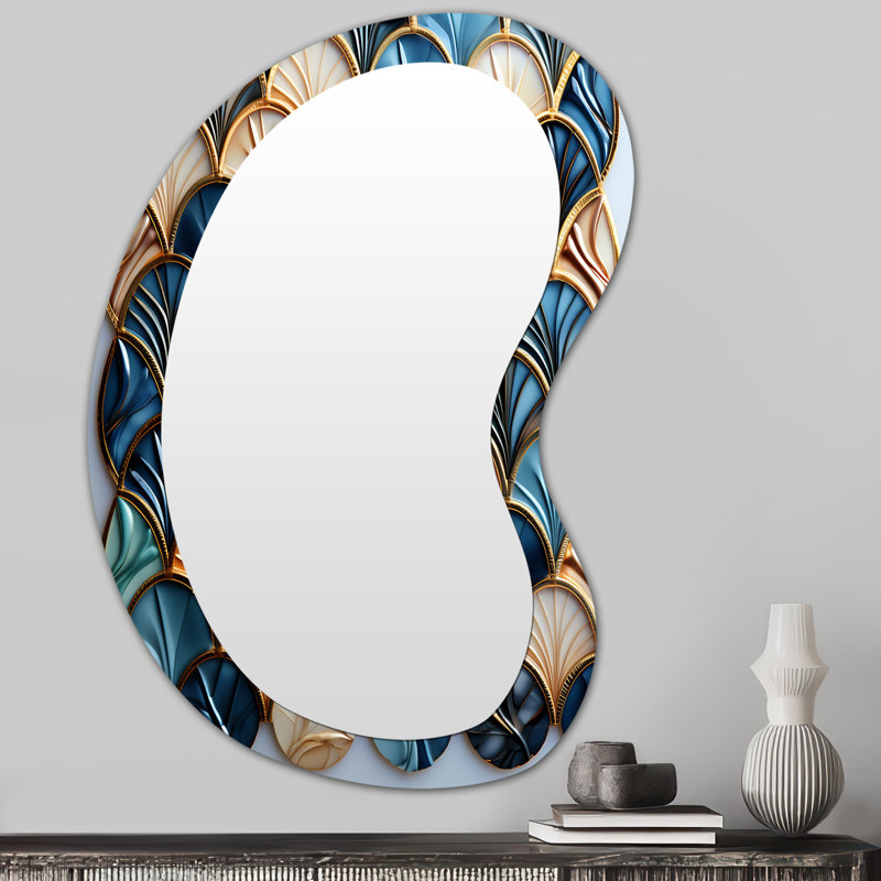 Art Deco Blue Golden Tile Elegance 1 I - Abstract Modern Wall Mirror In Asymmetrical Shapes, 31" x 22"