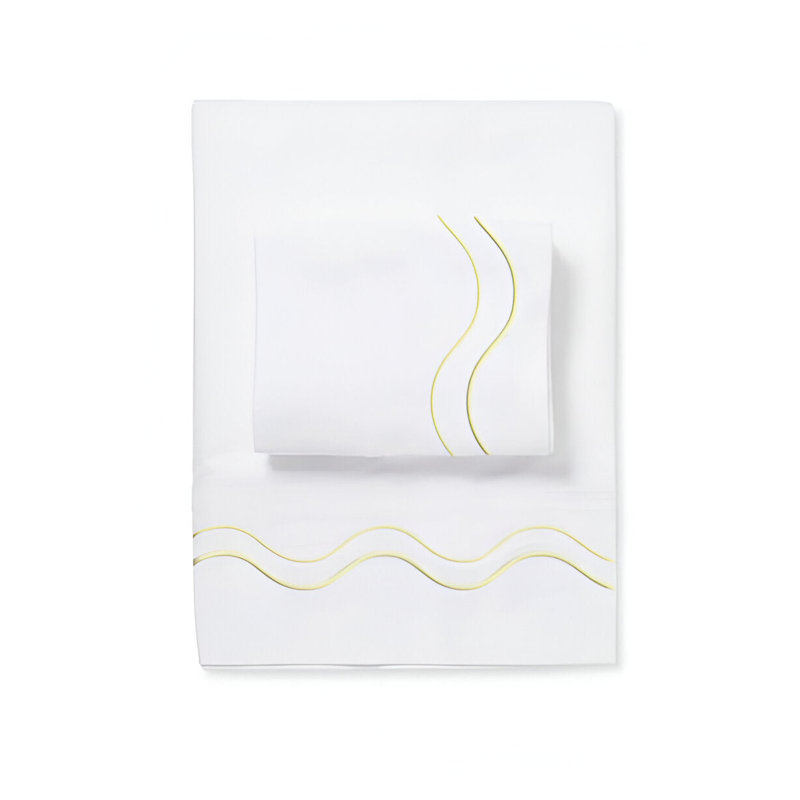 Double Wavy Embroidered Cotton 4 Piece Sheet Set Fitted Sheet Fits Upto 16" Deep Pocket, Ivory Border