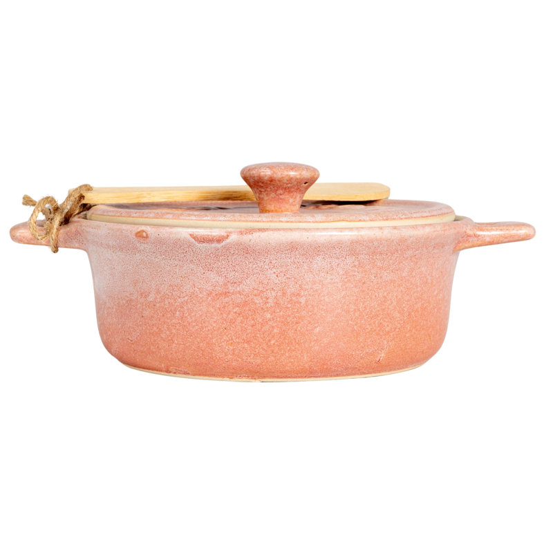 9 Inches Stoneware Brie Baker with Bamboo Canapé Spreader Knife and Reactive Glaze Design, Pink