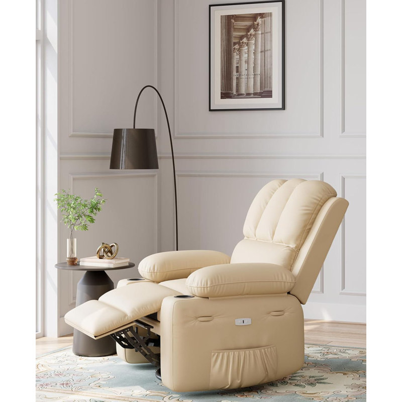 Leather Recliner Chair with 2 Cup Holders and Side Pocket, Beige