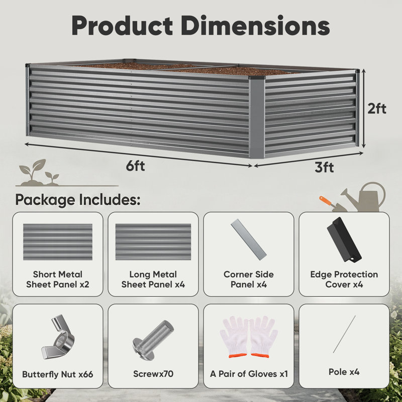 Galvanized Raised Garden Bed, 6X3x2 FT Metal Planter Box With Reinforced Support Bars, For Growing Vegetables, Flowers, Herbs For Backyard, Patio, And Farming