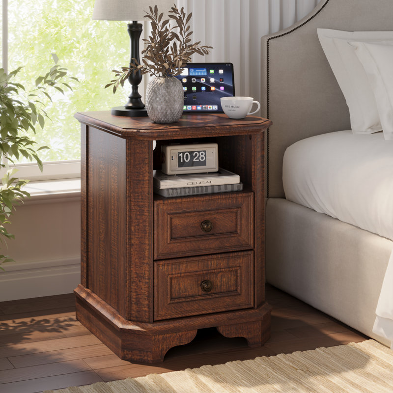 Loiret 2-Drawer Manufactured Wood Nightstand with Built-In Charging Station , Brown