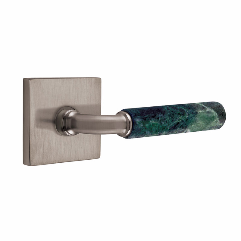 Ensemble de leviers d'intimité Emtek Select, rosette carrée, tige en R, poignée en marbre vert, CF, Étain