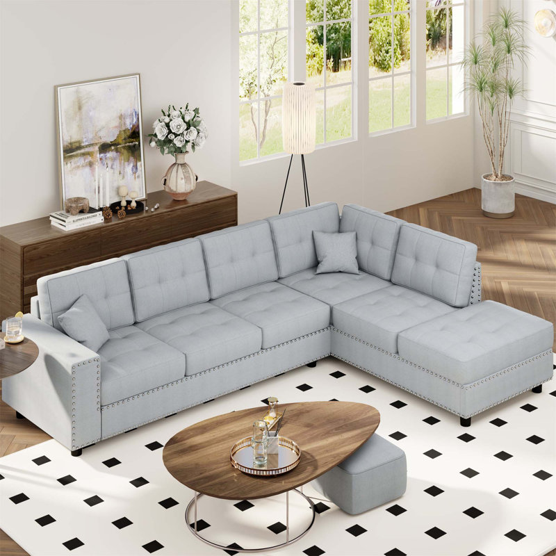Comfortable L-shaped Modular Sofa with Removable Cushions and Pillows for Various Spaces, Gray Polyester