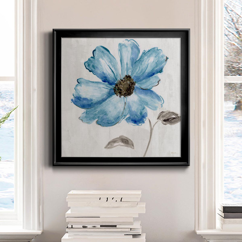 Bleu floral - peinture sur toile encadrée, Noir, H 26,5 po x l 26,5 po x P 1,5 po
