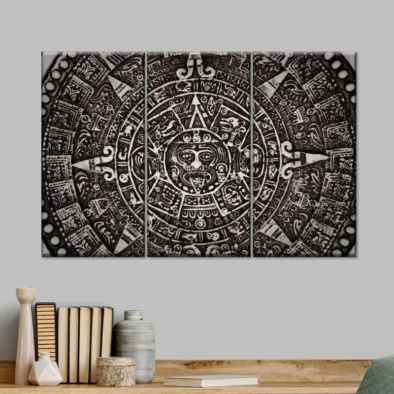 Ensemble 3 pièces calendrier maya noir sur toile, H 24 po x l 38 po x P 1,25 po