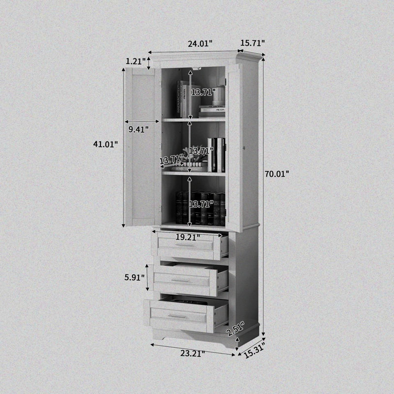 Freestanding Tall Bathroom Storage Linen Cabinet With Drawers, Adjustable Shelves, Metal Handles