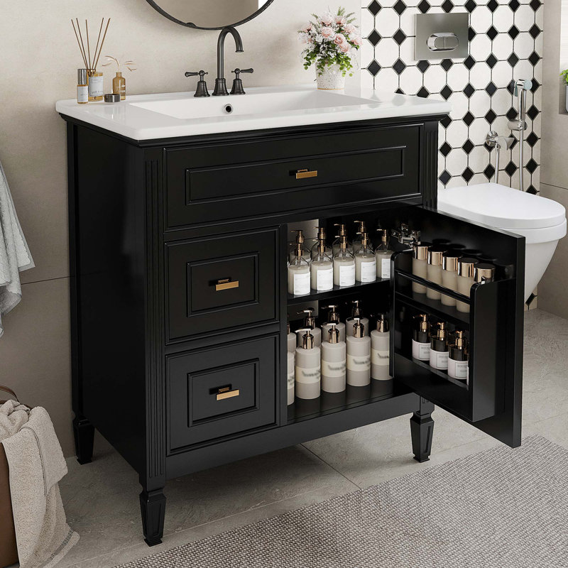 Meuble-lavabo 30 po avec lavabo, meuble-lavabo avec un tiroir rabattable, Noir