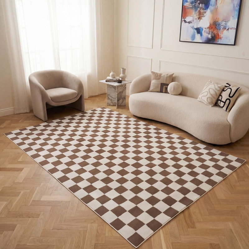 Loft Modern Checkerboard Living Room Area Rug and Runner Soft Pile, Rectangle 200 x 290 cm, Brown/Ivory