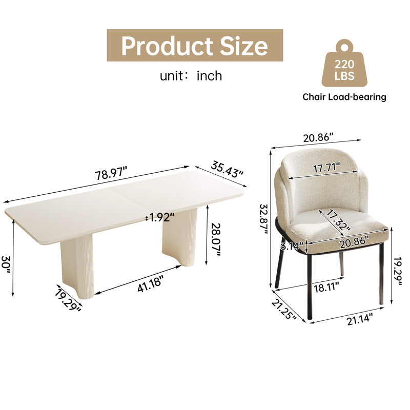78.97" Modern Rectangle Cream White Dining Table Set with 8 Chairs for Kitchen, Bar, Living Room, 30"H x 78.97"L x 35.43"W