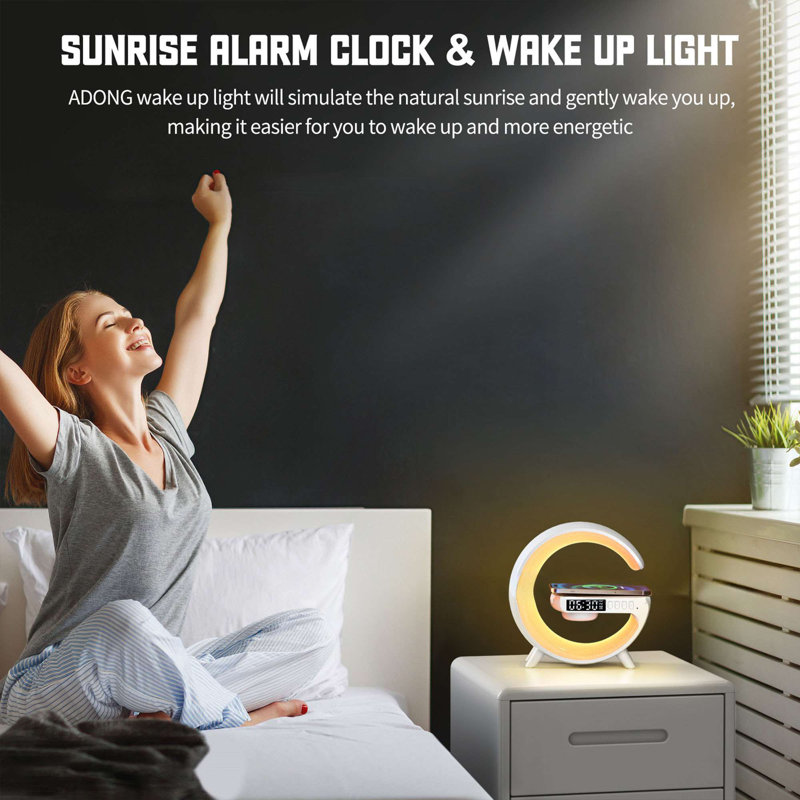 Lampe de table à DEL avec chargeur sans fil, mini lampe d'ambiance G avec haut-parleur Bluetooth, lampe de nuit, réveil lever du soleil, appareil de son intelligent pour chambre à coucher