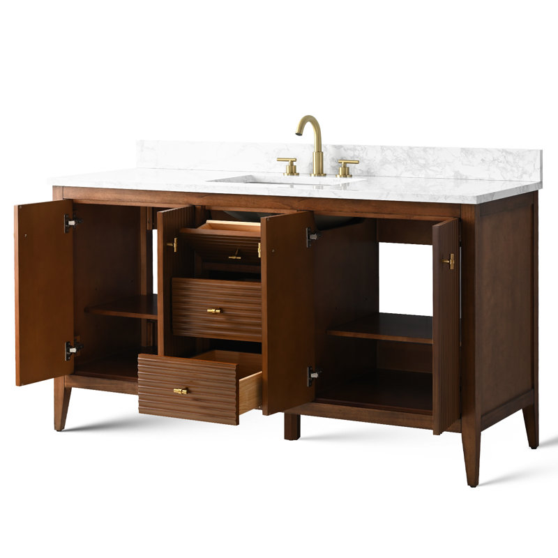 Meuble-lavabo simple 60 po avec plateau en marbre d'ingénierie 60 po, Noyer linéaire, Doré brossé