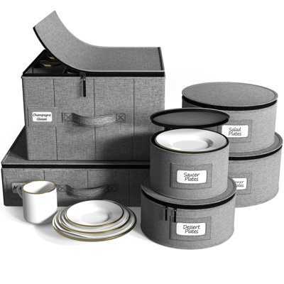 Sorbus 6-piece Stackable Plate, Glass And Mug Carrier Set For Dinnerware Organization And Storage With Felt Plate Protector, Set of 6 Gray