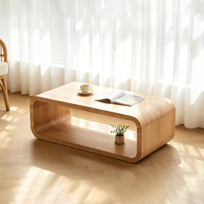 Rounded Curved Solid Wood Coffee Table, Minimalist Light Natural Wood Open Frame Coffee Table with 2-Tier Open Storage, Low Profile Rectangular Accent