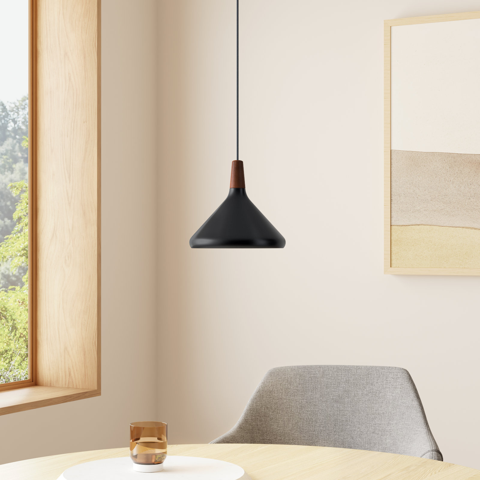 Drew 1 - Light Single Cone Pendant, Walnut/Black, 10.5" H x 7" W x 7" D