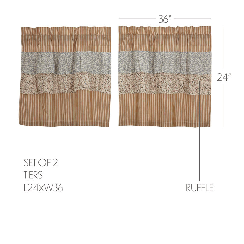 Rideau de café en coton Charla, Or / bleu marine / crème, l 36 po x L 24 po