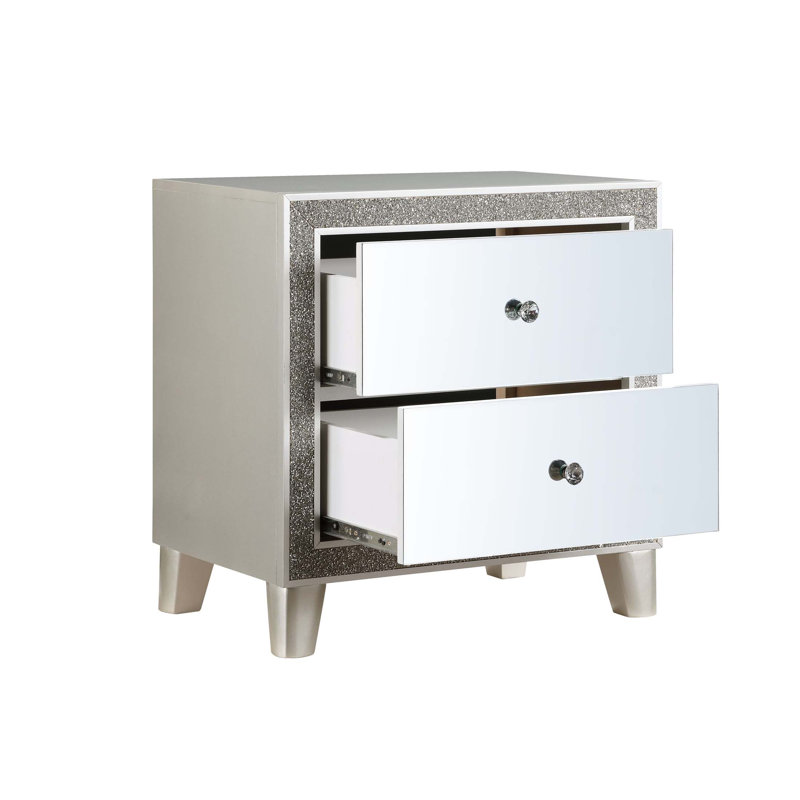 Table de chevet Glam Style avec 2 tiroirs, façade en miroir et finition champagne pour le luxe et le rangement