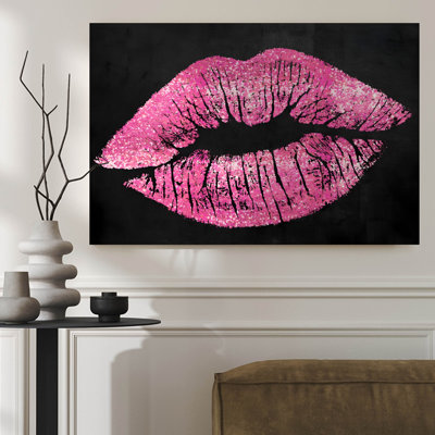 Framed Canvas Wall Art - Pink Glitter Lips on a Dark Background, Glitter Art - 24" x 36" for Bedroom and Living Room