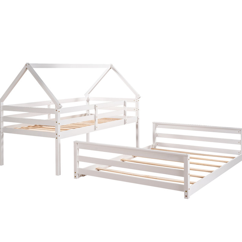 Lit superposé simple au dessus d'une maison double, de couleur blanche, encastré, toit incliné, sécuritaire et confortable, espace polyvalent, structure