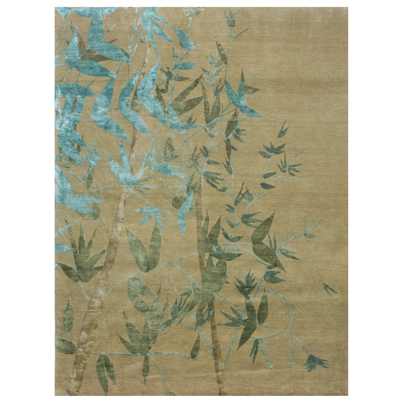 Tapis rectangulaire en laine / soie noué à la main bleu / brun / vert, Rectangle 3 pi x 5 pi