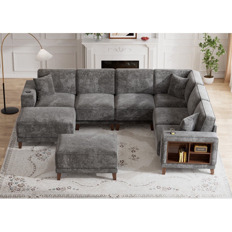 8pcs Compression Module Sectional With Bookshelf Ottoman, Dark Gray Fabric