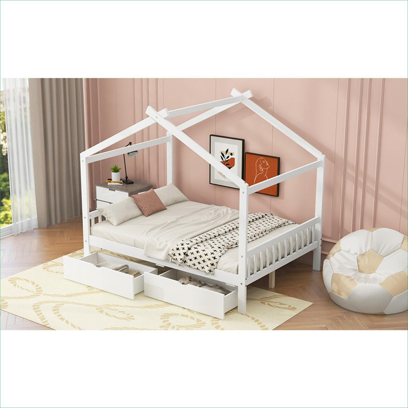 Lit plateforme double classique avec rangement blanc classique, structure de maison en pin massif avec tête de lit, pied de lit et deux tiroirs sous le lit intégrés