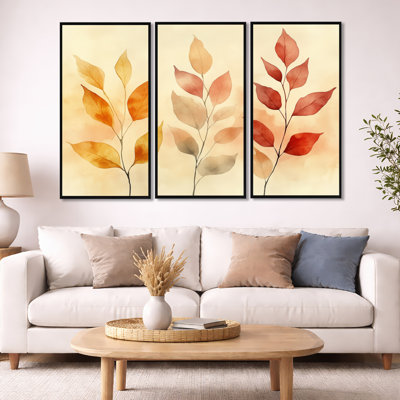 Feuille d'automne, art mural aquarelle sur toile - Justyn, ensemble d'art mural encadré sur toile 3 pièces