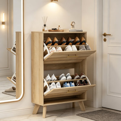 Range-chaussures mince avec rangement à rabat, armoire d'entrée en bois de grain de chêne avec poignées dorées et pieds effilés en bois, support à chaussures peu encombrant pour les couloirs, les appartements et les petits espaces