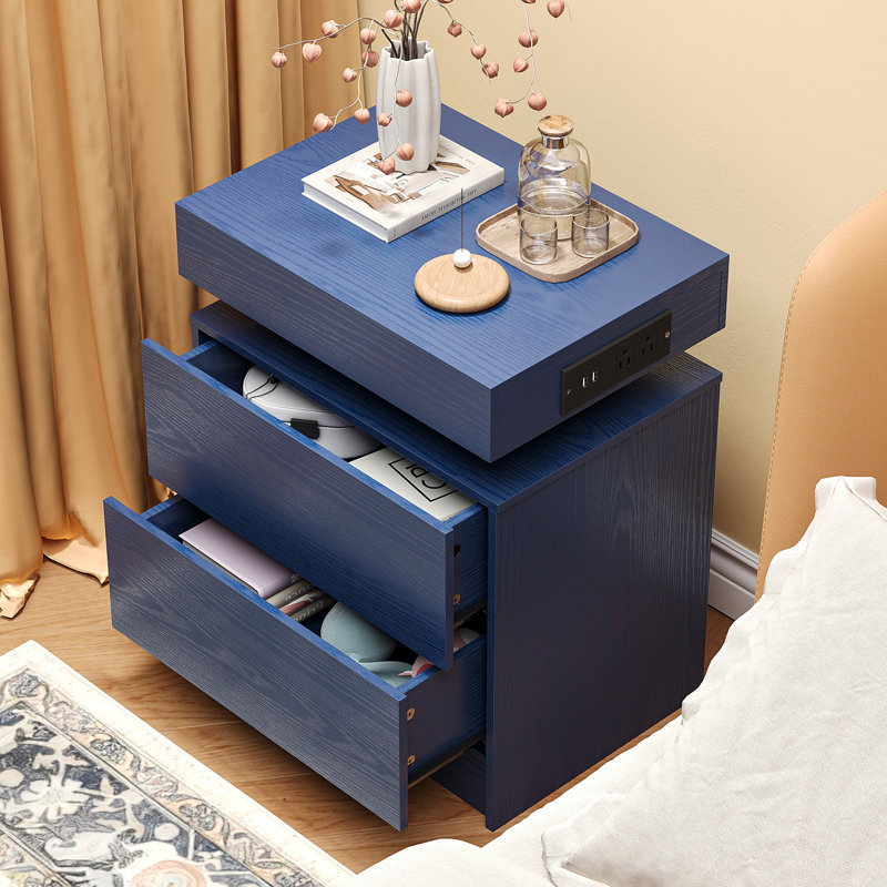 Westerly Modern Style Wooden Nightstand with LED Light and Storage Drawers, Navy Blue