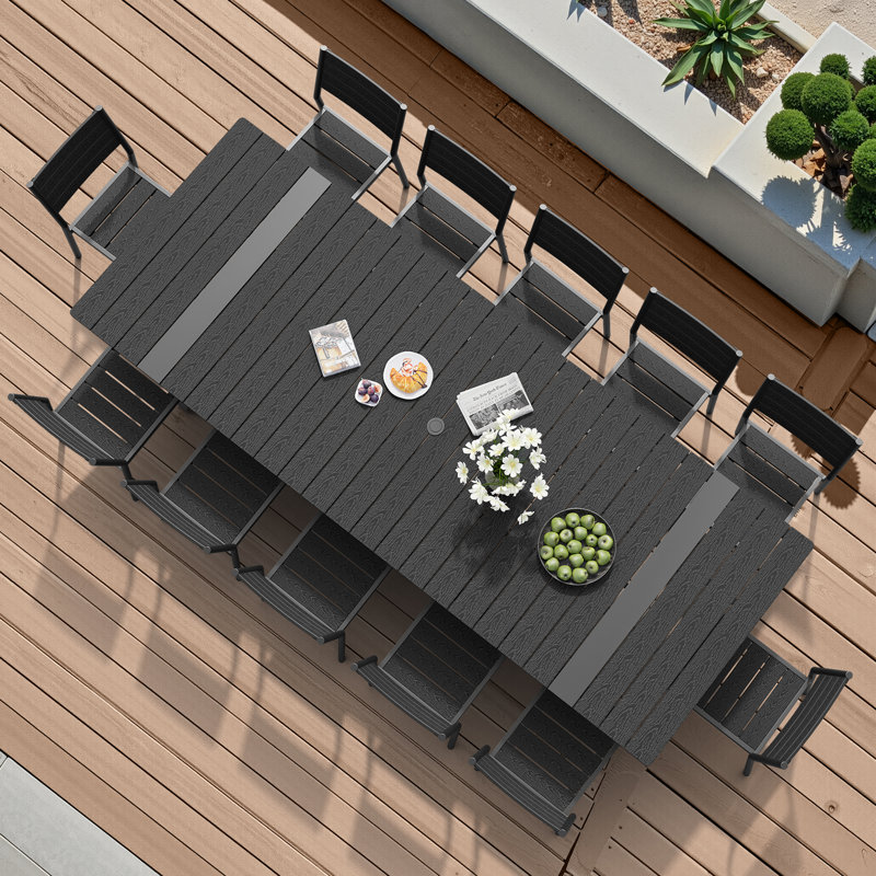 Ensemble de salle à manger rectangulaire en aluminium pour 12 personnes avec trou pour parasol et chaises empilables, Noir