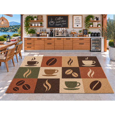 Tapis d'extérieur 5' x 7' à carreaux, motif tasses à café et grains de café, résistant et imperméable, en PVC bouclé, tapis de patio robuste, tapis intérieur/extérieur à séchage rapide pour cuisine, porche, terrasse, balcon, entrée.