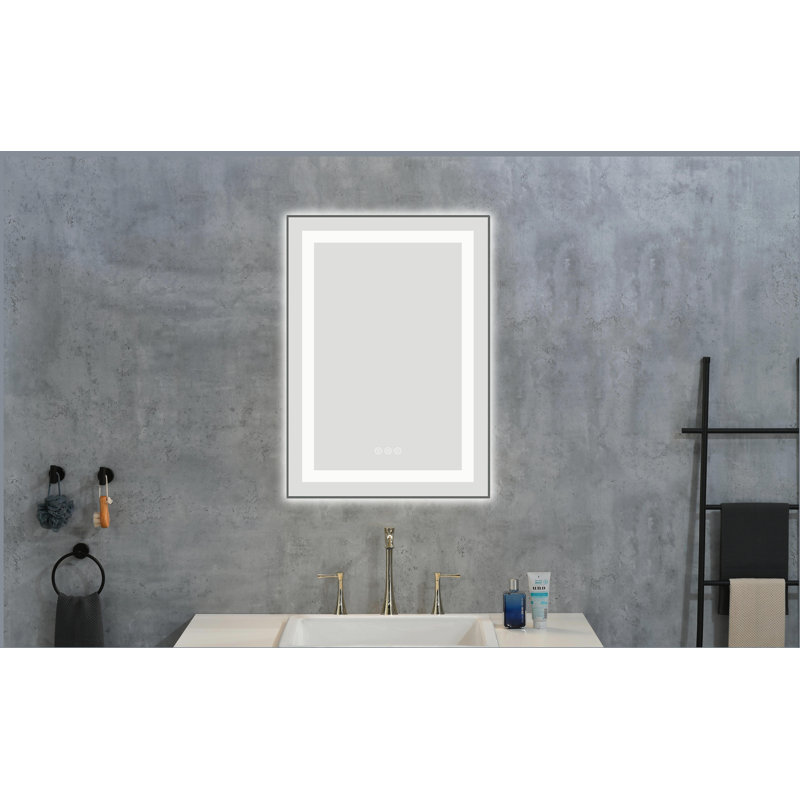 Miroir de salle de bain 20 po x 28 po à DEL avec façade et rétroéclairage, miroir de meuble-lavabo mural avec cadre en aluminium, antibuée, mémoire, 3 couleurs, gradation continue