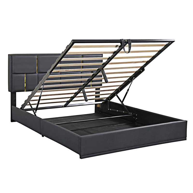 Grand lit plateforme tapissier avec système de rangement hydraulique, Noir
