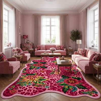 Leopard Area Rugs for Living Room 6' x 8', Machine Washable Non‑Slip Cheetah Floral Rugs, Bohemian Hibiscus Palm Leaf Cowhide Shaped Carpet, Dining Room, Playroom, Home Decor (Pink)