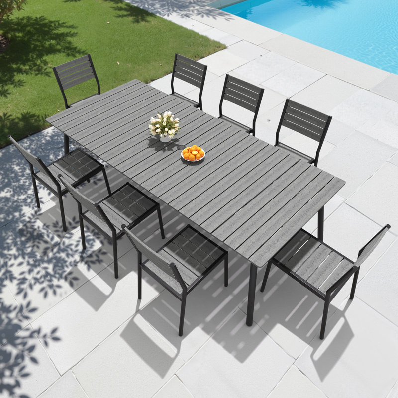 8-Person 94.49'' L X 42.12'' W Outdoor Dining Set with Aluminum Frame, Umbrella Hole and Armless Chairs, Gray