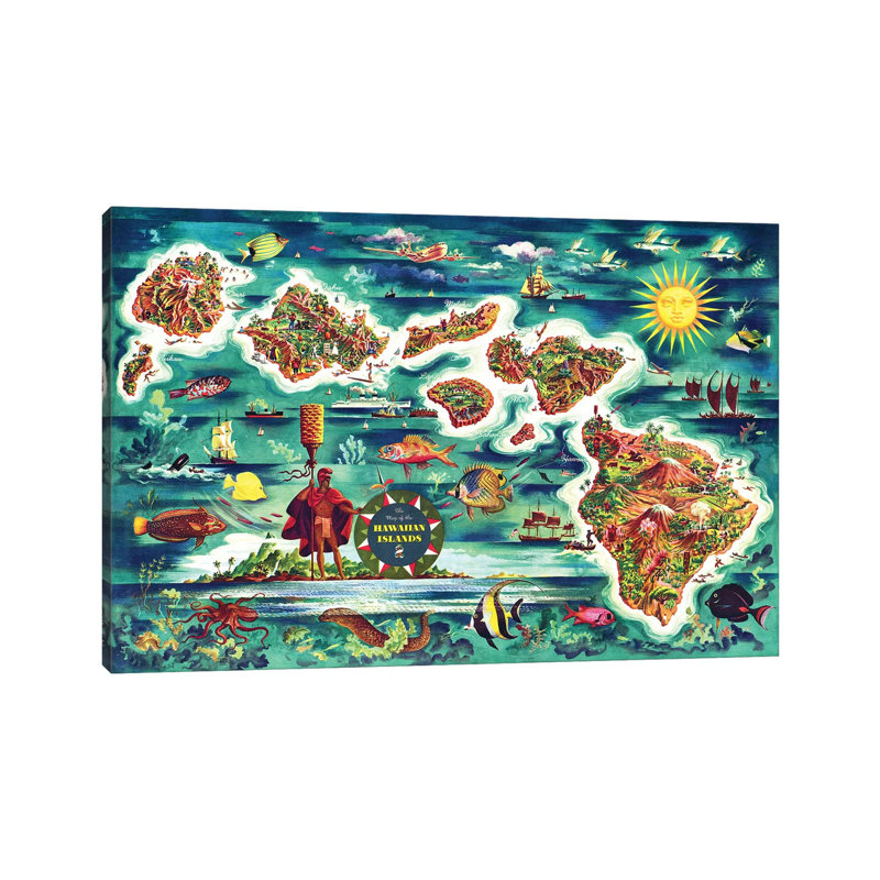 Carte rétro des îles hawaïennes par Piddix, impression sur toile tendue, H 26 po x l 40 po x 1,5 po