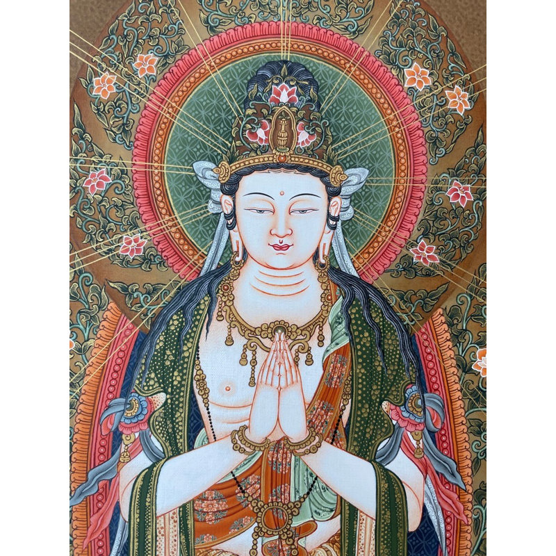 Bodhisattva mains japonaises jointes | Or 24 carats avec gouache et acrylique sur toile de coton