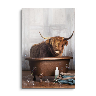 Steelpix Metal Canvas -  Highland Cow In The Tub By Domonique Brown Wall Art Print