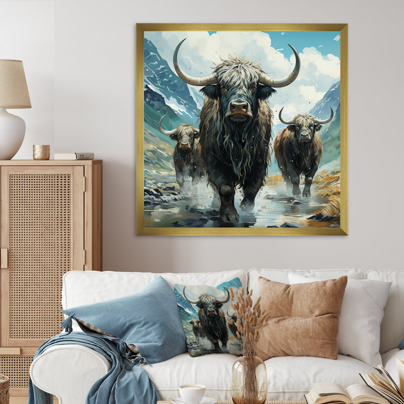 «Brown Yaks Highland Mountain Charm II», art mural Yaks, Cadre doré simple, H 36 po x l 36 po x P 1,5 po