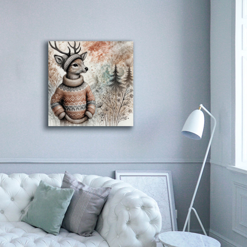  «Deer In Cozy Sweater» par Rey Klimt, art mural sur toile, 18 po x 18 po, H 37 po x l 37 po x P 1,5 po