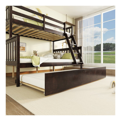 Twin Over Full Rubber Wood Bunk Bed With Trundle, Convertible Ladder And Guardrail, Detachable, Convertible Bed, With Twin Size Trundle ,Espresso