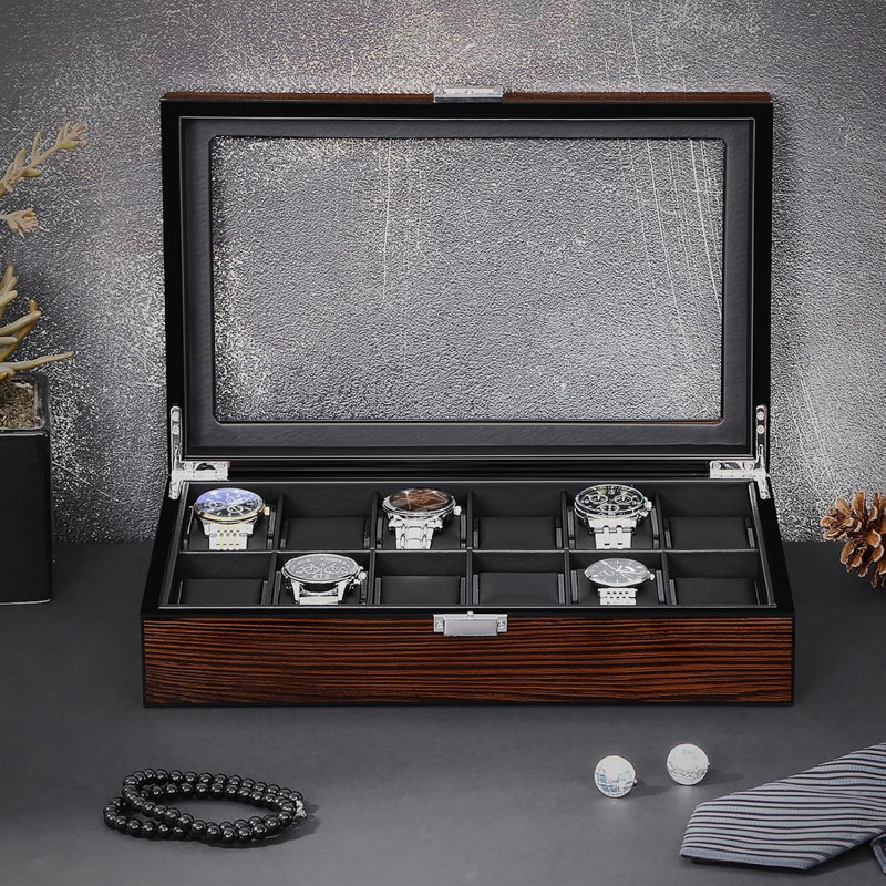 Boîte à montre, boîte à montre à 12 fentes avec grand couvercle en verre, boîte à montre en bois