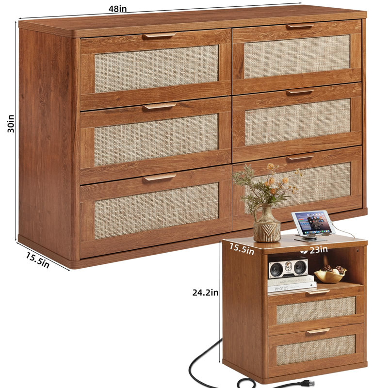 Ensemble de commode et table de chevet en rotin avec commode à 2 tiroirs et table de chevet avec station de charge, Brun