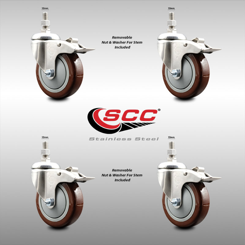 Ensemble de roulettes à tige pivotante en polyuréthane marron de 4 pouces et en polyuréthane pivotant de 12 mm avec frein de blocage SCC