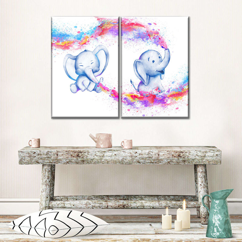 «Kids Children», éléphants à éclat de couleur sur toile, 2 pièces, H 12 po x l 17 po x P 1 po
